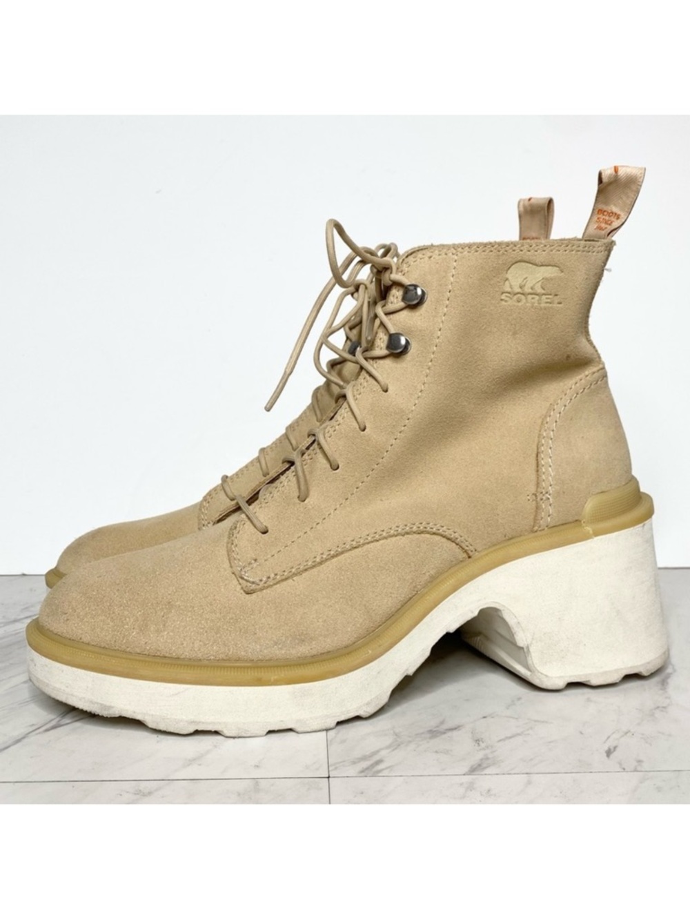 Sorel Hi Line Tan Suede Lace Up Heeled Bootie 10